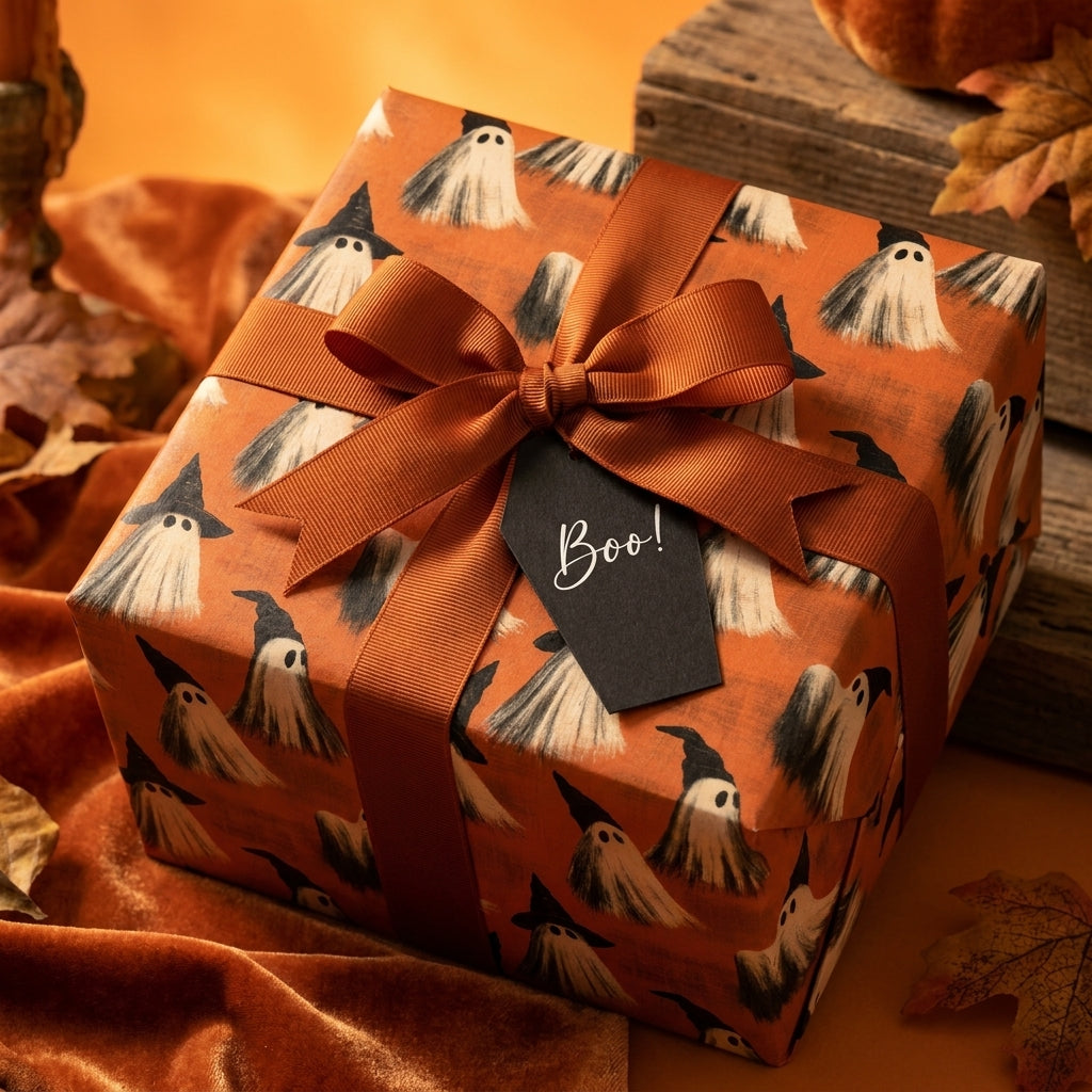 Cute ghost Halloween wrapping paper by Wrapped Studios on a gift box with an orange ribbon and 'Boo!' tag.
