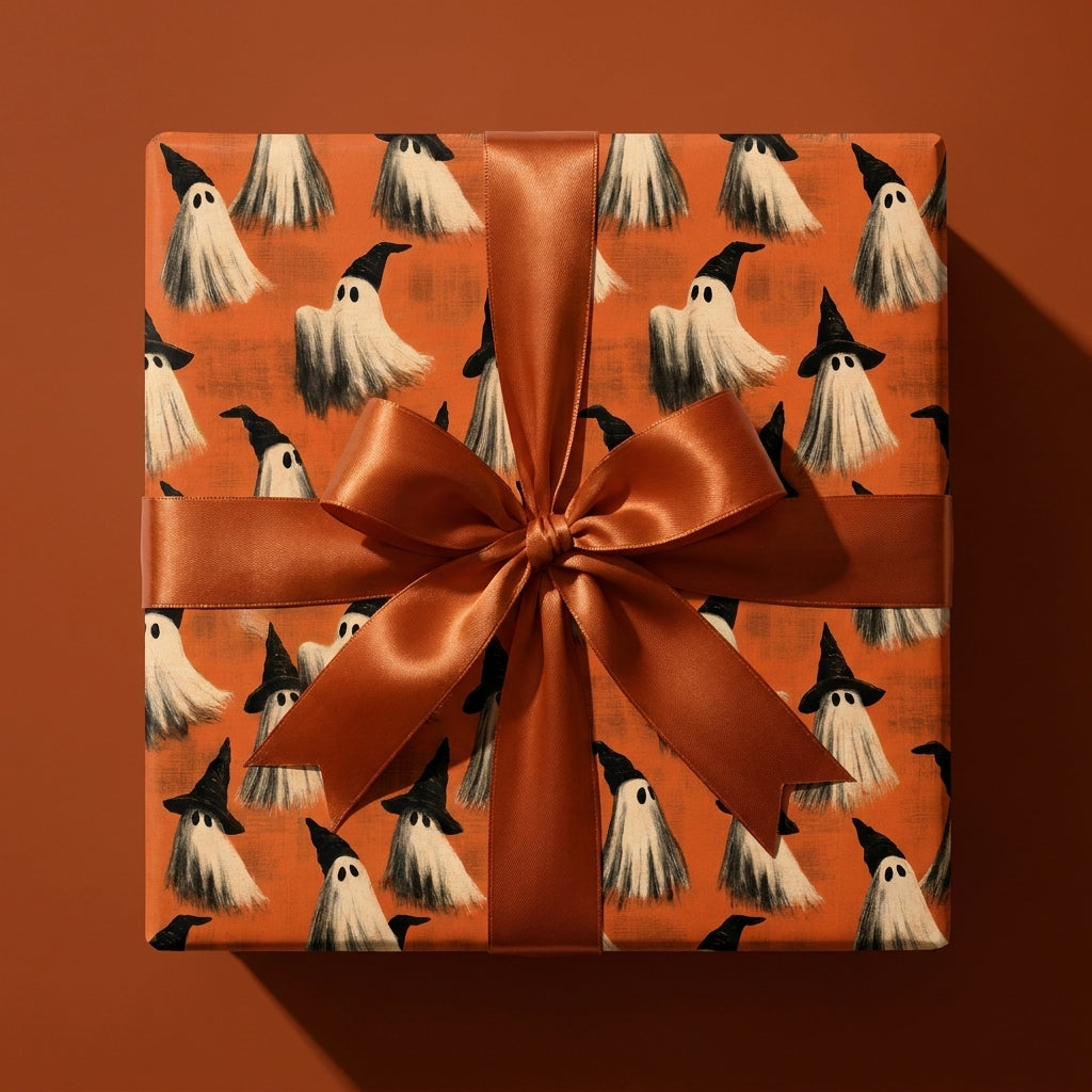 Spooky ghost Halloween wrapping paper with a copper satin ribbon on a gift box by Wrapped Studios.