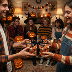 Exchanging a Halloween gift wrapped in spooky ghost wrapping paper with a black bow by Wrapped Studios.