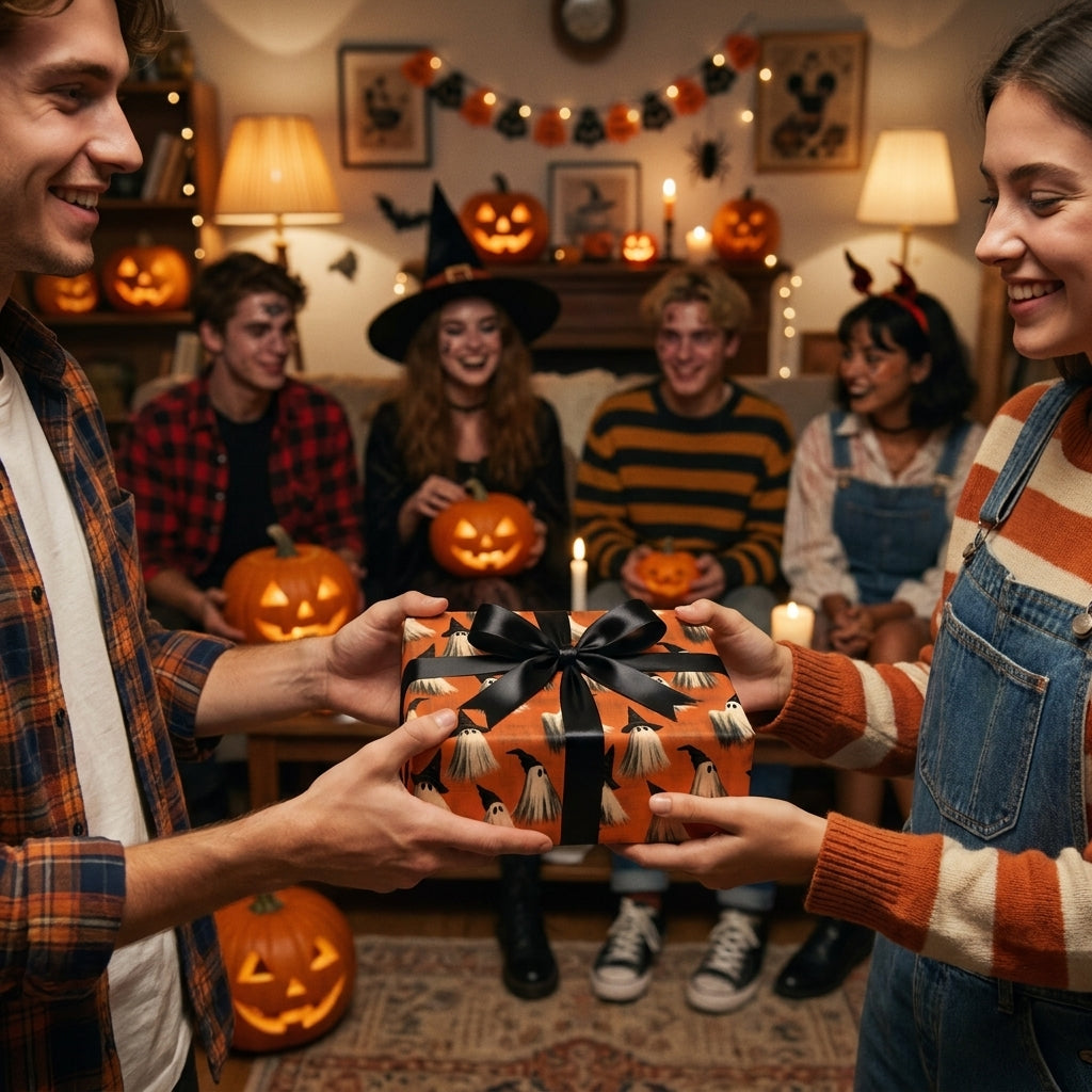 Exchanging a Halloween gift wrapped in spooky ghost wrapping paper with a black bow by Wrapped Studios.