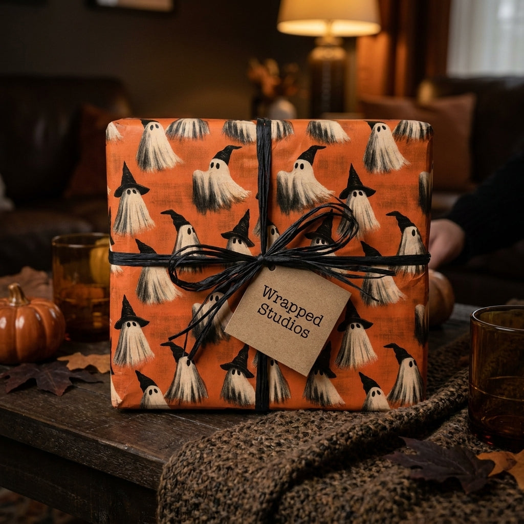 Orange Halloween wrapping paper with a spooky ghost pattern and black ribbon by Wrapped Studios.