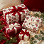 Luxury Christmas gift wrap with a festive bow pattern and red velvet ribbon by Wrapped Studios.
