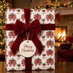 Vintage Christmas wrapping paper with a red velvet bow and Merry Christmas tag by Wrapped Studios.