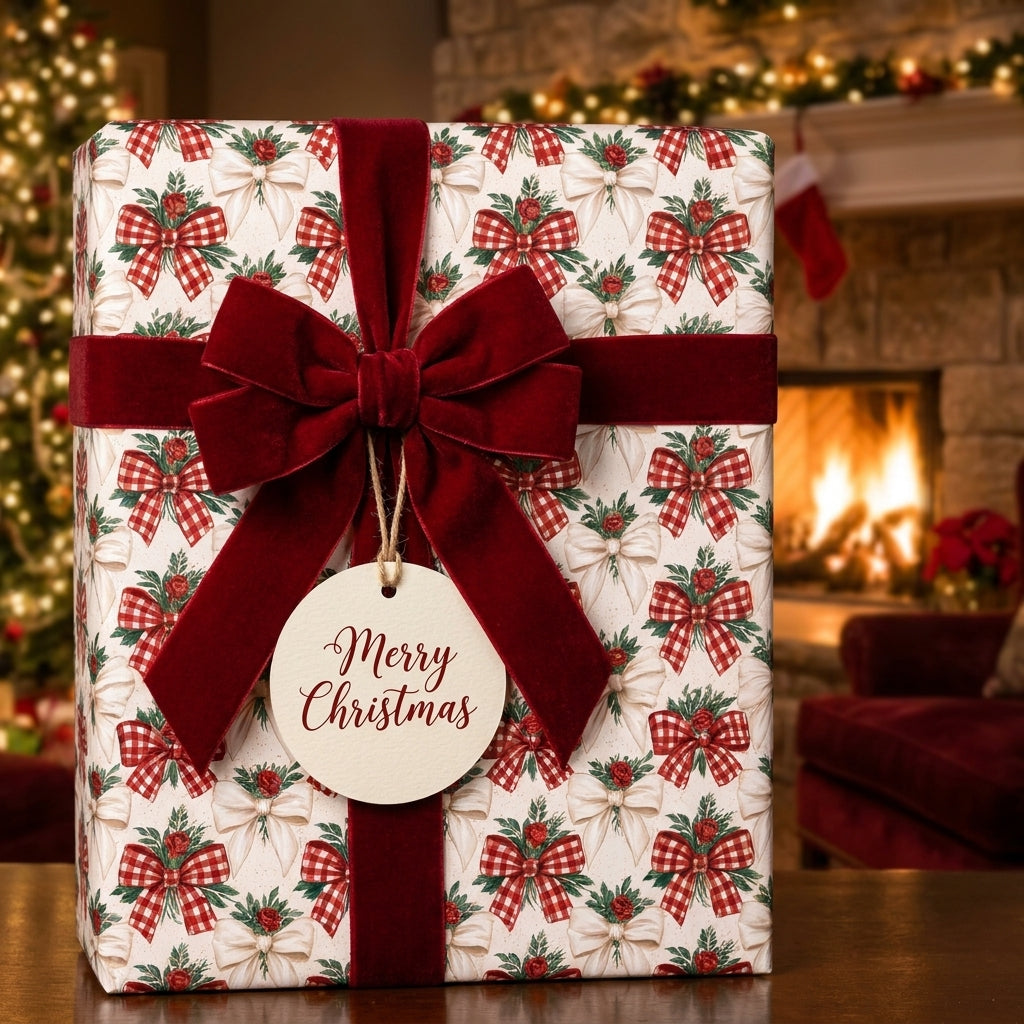 Vintage Christmas wrapping paper with a red velvet bow and Merry Christmas tag by Wrapped Studios.