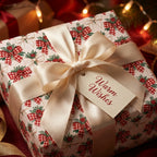Vintage Christmas wrapping paper with red plaid bows and a cream ribbon by Wrapped Studios.
