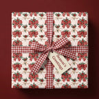 Festive Christmas wrapping paper with red gingham ribbon and holiday bow pattern by Wrapped Studios.