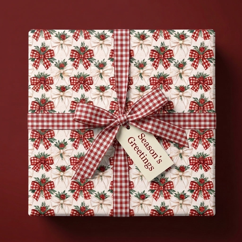 Festive Christmas wrapping paper with red gingham ribbon and holiday bow pattern by Wrapped Studios.