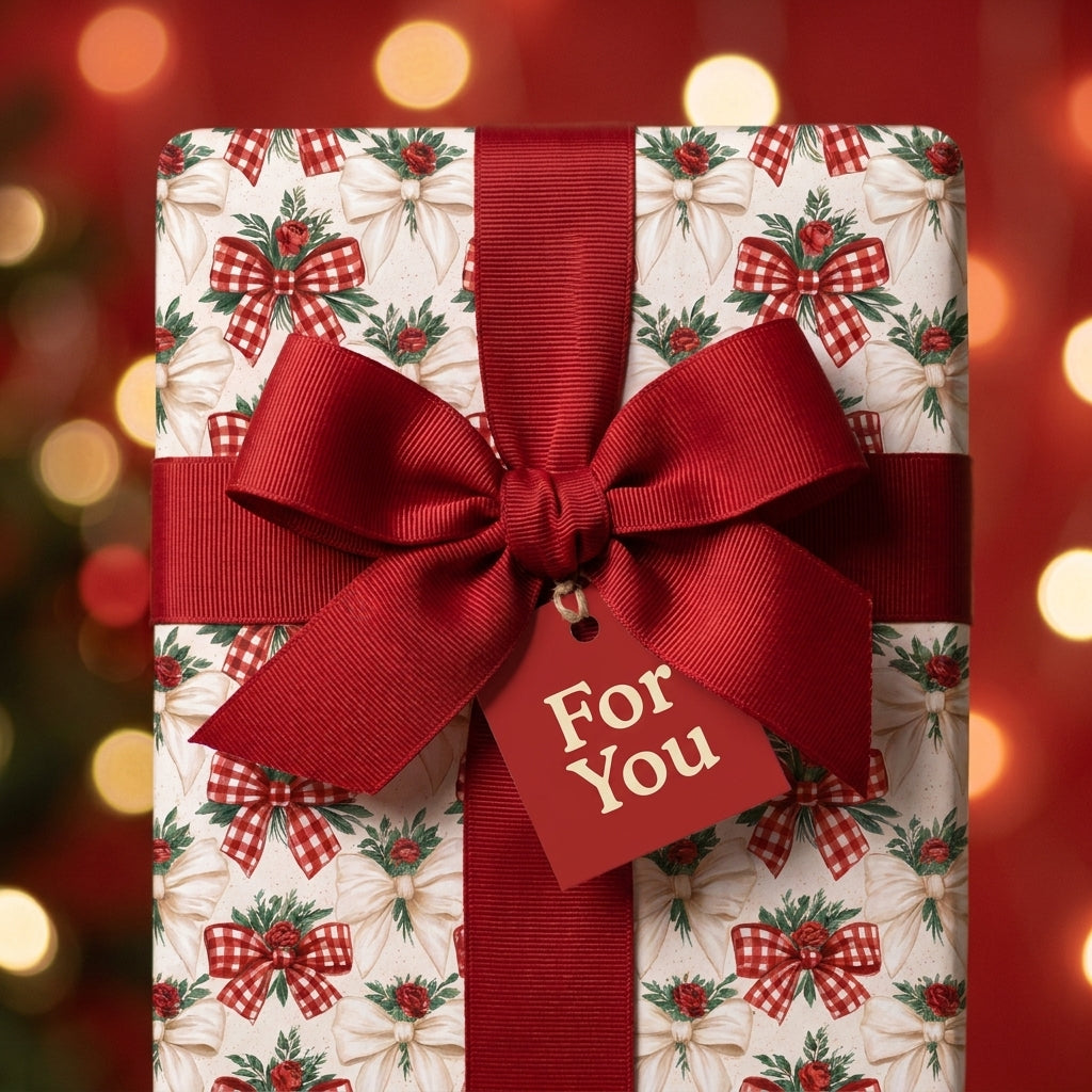 Christmas wrapping paper with red bow pattern, festive ribbon, and 'For You' tag by Wrapped Studios.