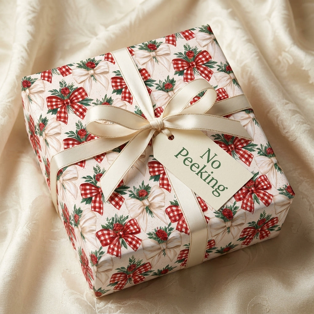 Vintage Christmas wrapping paper with red gingham bows and ivory ribbon by Wrapped Studios.