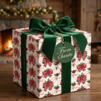 Vintage Christmas wrapping paper with red plaid bows and a green velvet ribbon by Wrapped Studios.