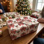 Vintage Christmas wrapping paper with red gingham bows on a holiday gift box by Wrapped Studios.