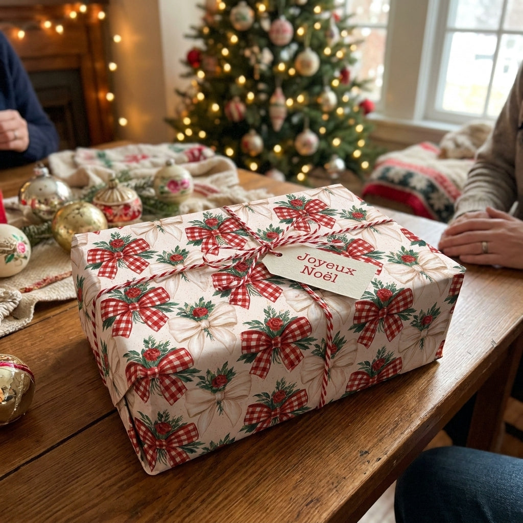 Vintage Christmas wrapping paper with red gingham bows on a holiday gift box by Wrapped Studios.