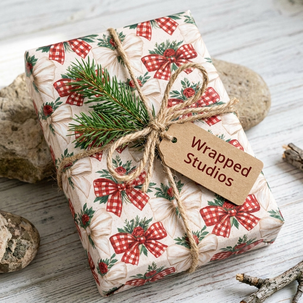 Rustic Christmas wrapping paper with red plaid bows and twine by Wrapped Studios.