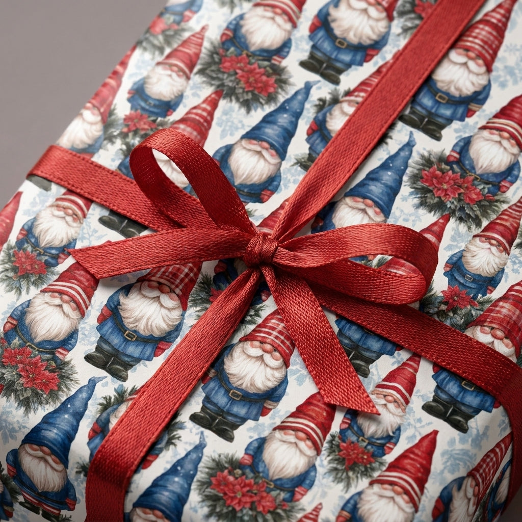 Christmas gnome wrapping paper with a red satin ribbon bow on a holiday gift box by Wrapped Studios.