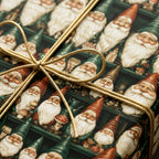 Vintage Christmas wrapping paper with festive gnomes and gold cord bow, by Wrapped Studios.