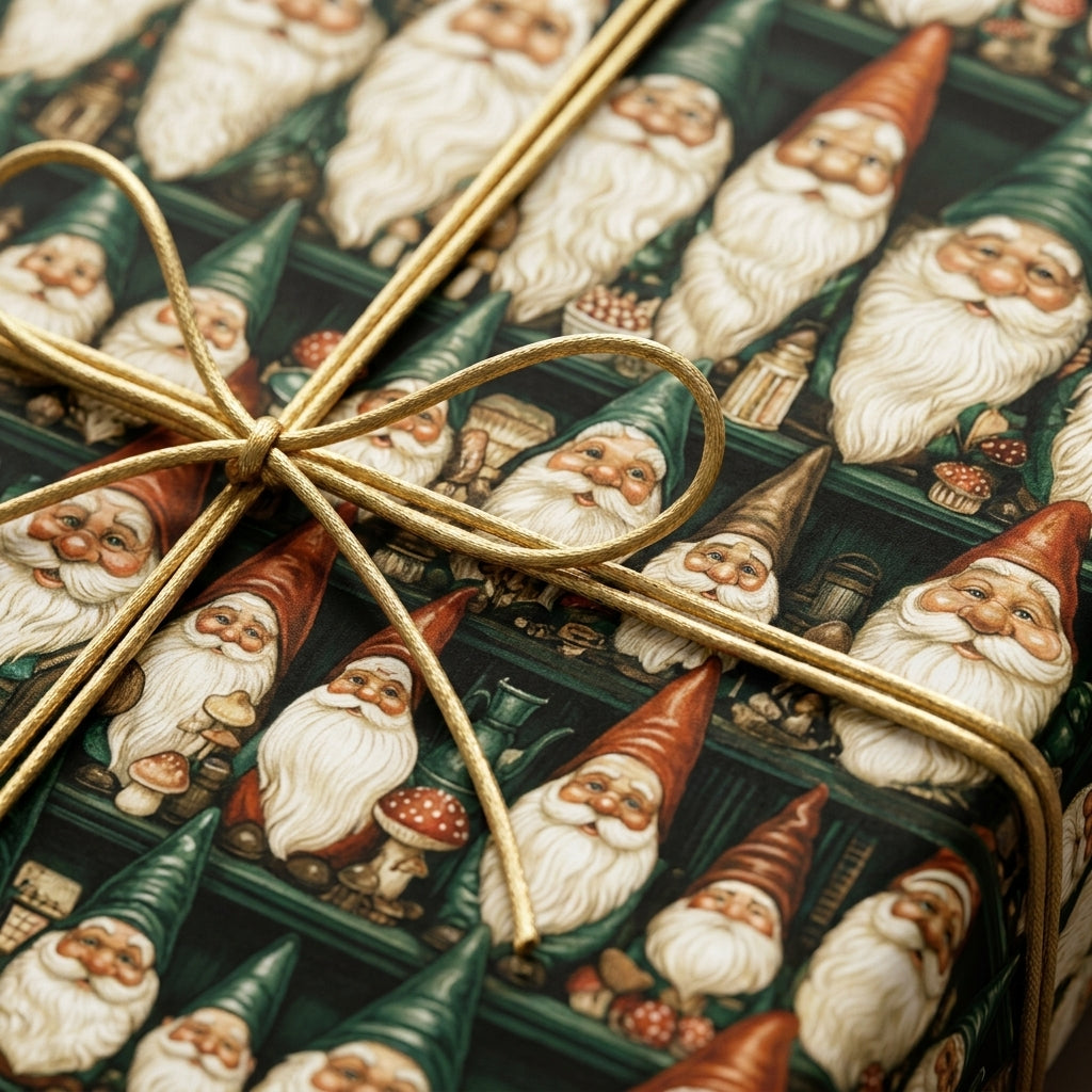 Vintage Christmas wrapping paper with festive gnomes and gold cord bow, by Wrapped Studios.