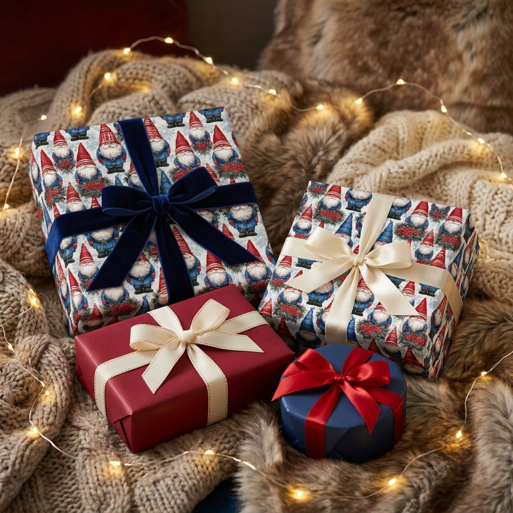Cozy gnome Christmas wrapping paper on festive holiday gifts by Wrapped Studios.