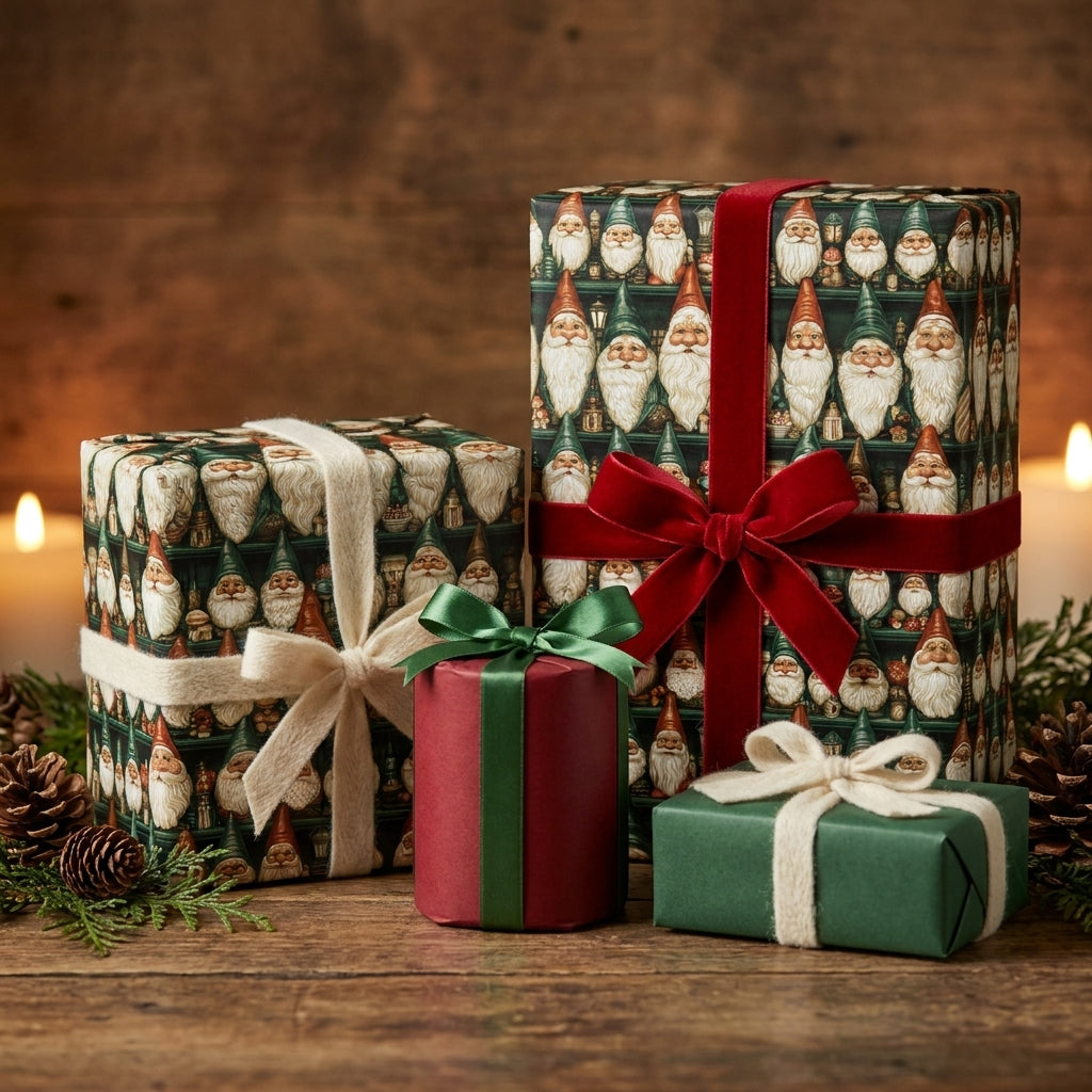 Vintage Santa Christmas wrapping paper on holiday gifts with red velvet ribbon by Wrapped Studios.