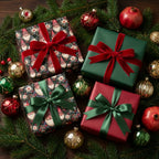 Luxury Christmas wrapping paper with vintage Santa patterns and velvet bows by Wrapped Studios.