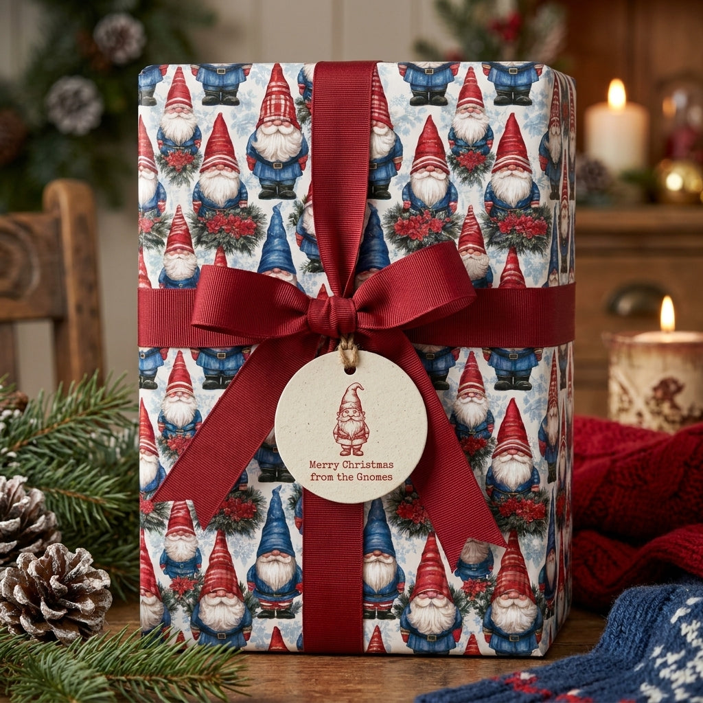 Gnome Christmas wrapping paper with red ribbon and gift tag by Wrapped Studios.