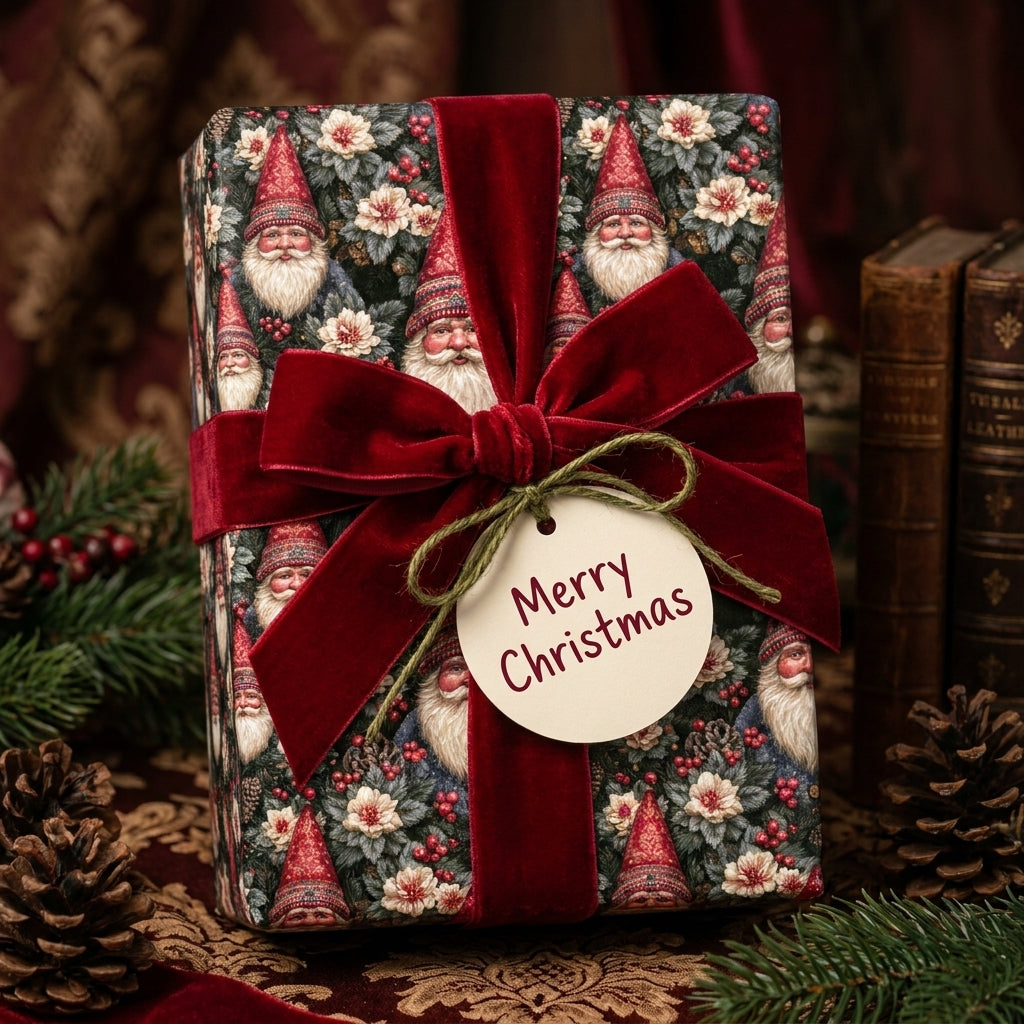 Luxury vintage Santa Christmas wrapping paper with a red velvet bow by Wrapped Studios.