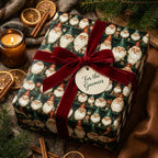 Cozy vintage gnome Christmas gift wrap with a red velvet bow by Wrapped Studios.