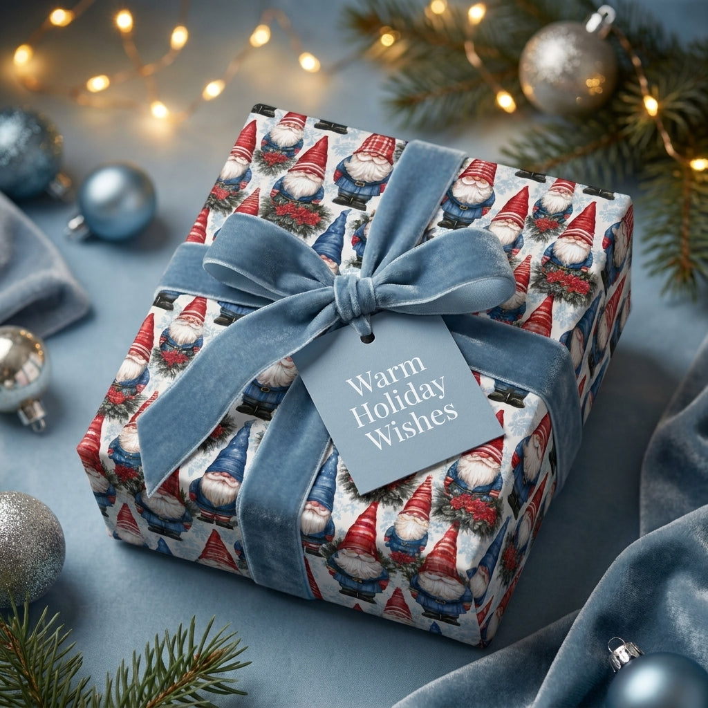 Festive Christmas gnome wrapping paper with dusty blue velvet bow and holiday gift tag by Wrapped Studios.