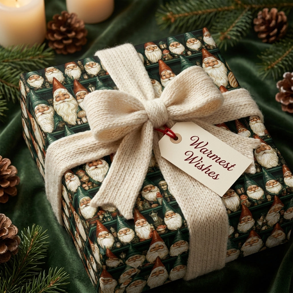 Vintage Christmas wrapping paper with gnomes, a knit bow, and holiday gift tag by Wrapped Studios.