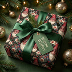 Vintage Santa Christmas gift wrap with a green satin bow and Warm Wishes tag by Wrapped Studios.