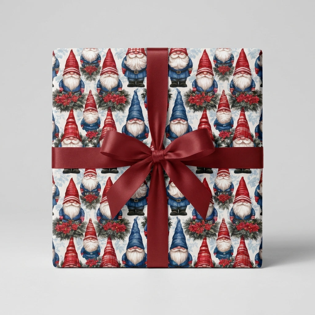 Whimsical Christmas gnome wrapping paper with a red satin bow on a gift box, by Wrapped Studios.