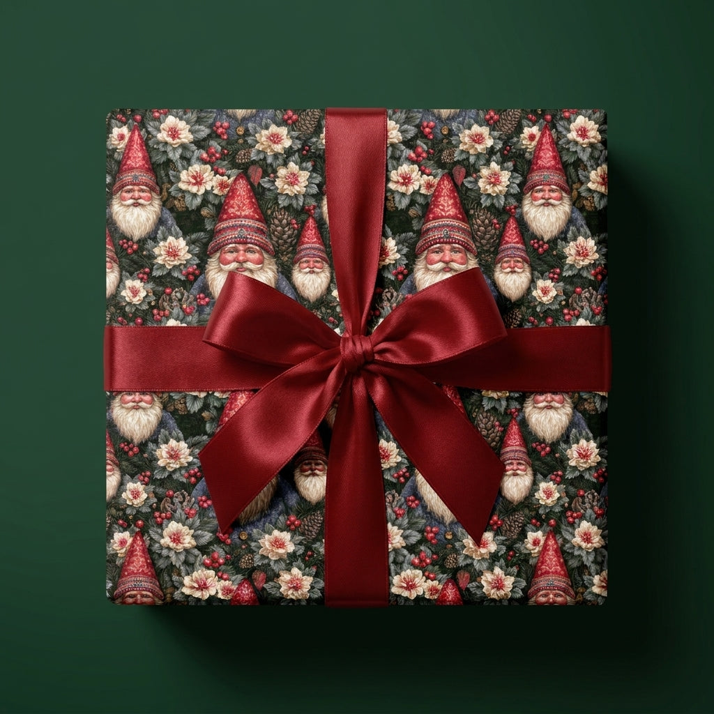 Vintage Santa Claus Christmas wrapping paper with a red satin ribbon bow by Wrapped Studios.