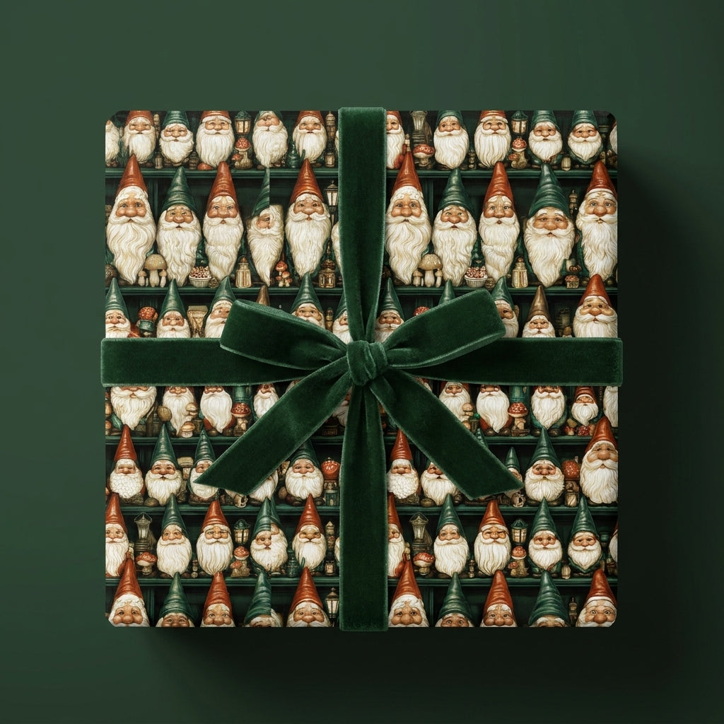 Vintage gnome Christmas wrapping paper with a green velvet bow on a gift box, by Wrapped Studios.