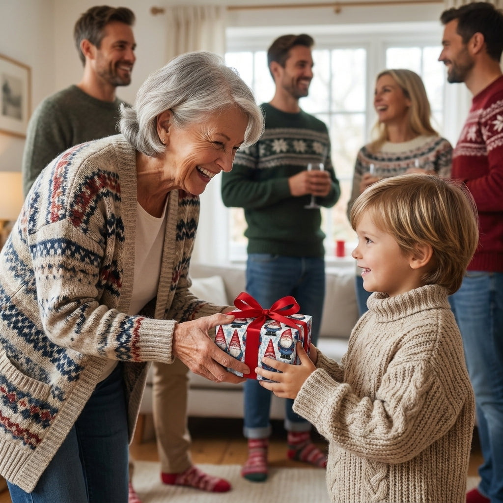 Grandmother giving a boy a gift in gnome Christmas wrapping paper by Wrapped Studios.