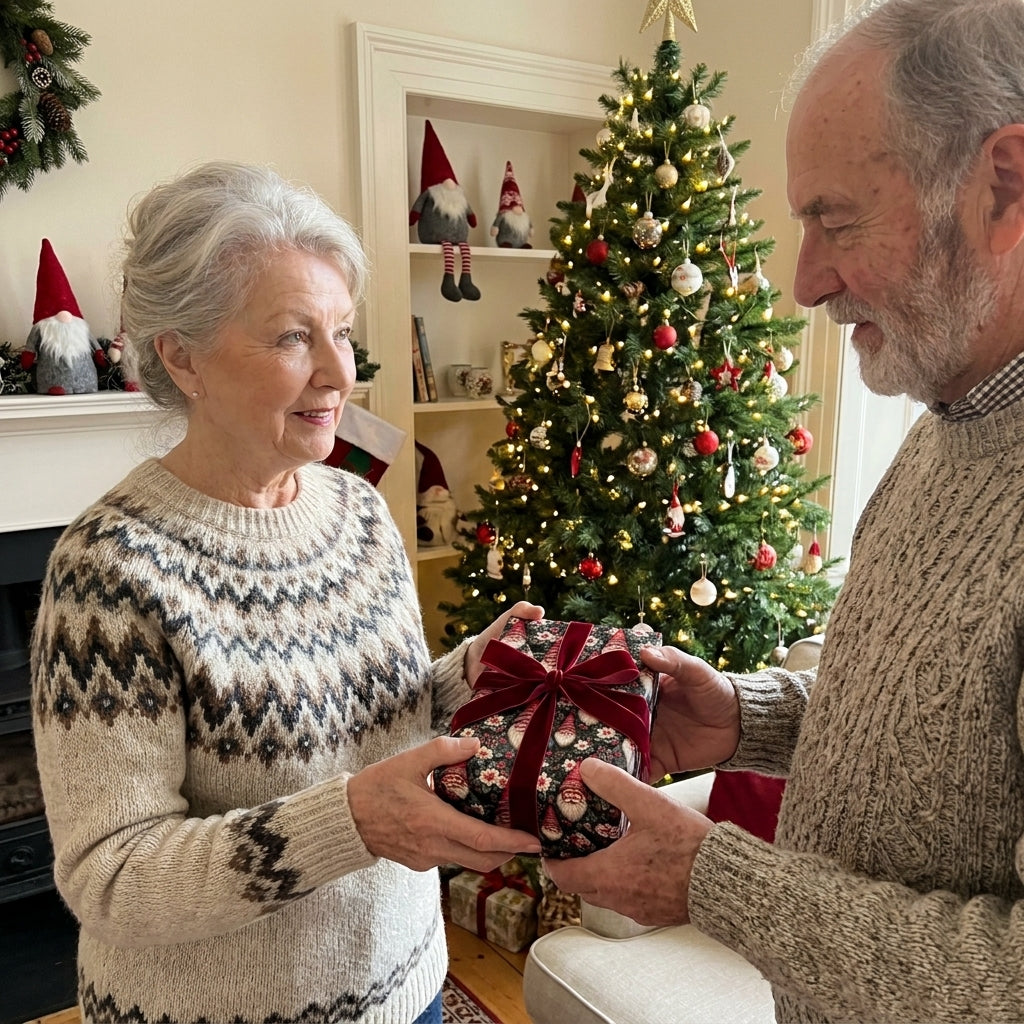Senior couple sharing a gift in gnome Christmas wrapping paper with velvet ribbon by Wrapped Studios.