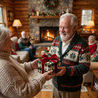 Senior couple exchanging a Christmas gift in green vintage Santa wrapping paper by Wrapped Studios.