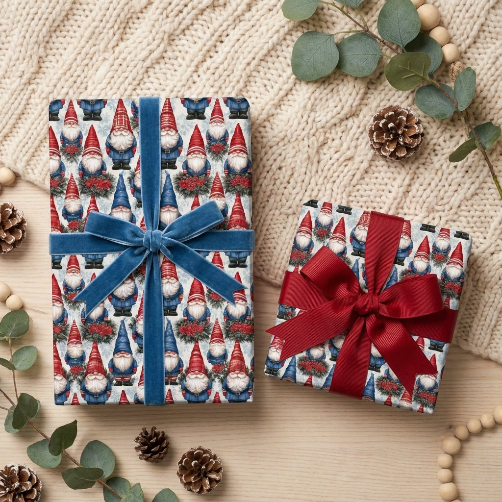 Christmas gnome wrapping paper on holiday gifts with red and blue ribbons by Wrapped Studios.