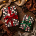Vintage Santa Christmas wrapping paper on gifts with velvet ribbon by Wrapped Studios.