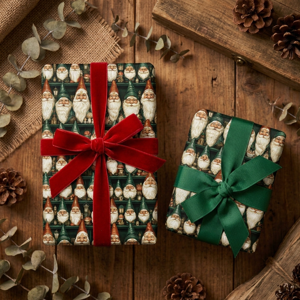 Vintage Santa Christmas wrapping paper by Wrapped Studios on rustic gifts with red velvet and green ribbons.