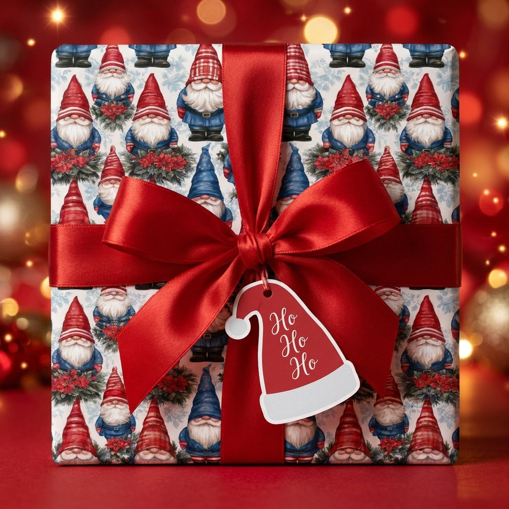 Festive gnome Christmas gift wrap with a red satin bow and Santa hat tag, by Wrapped Studios.