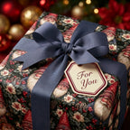 Vintage Christmas wrapping paper with Santa Claus pattern, navy ribbon, and tag by Wrapped Studios.