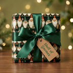 Gnome Christmas wrapping paper with a green satin bow on a holiday gift by Wrapped Studios.