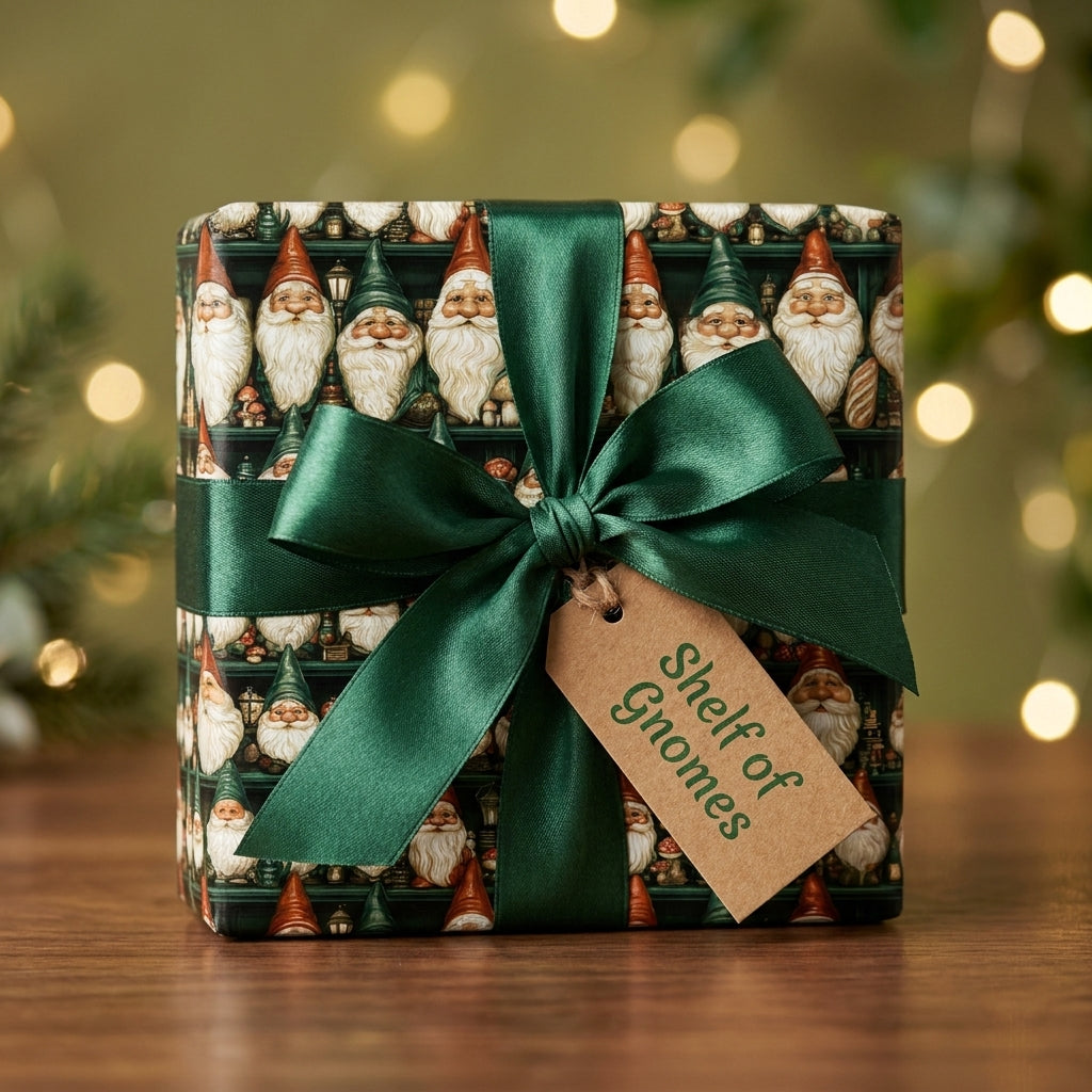 Gnome Christmas wrapping paper with a green satin bow on a holiday gift by Wrapped Studios.