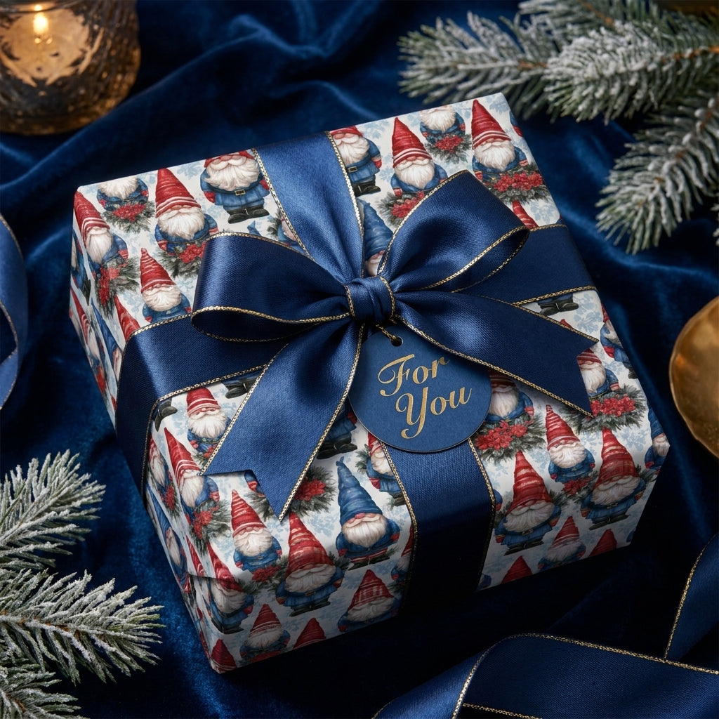 Christmas gnome wrapping paper with a luxury navy ribbon on blue velvet by Wrapped Studios.