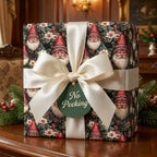 Vintage Santa Christmas wrapping paper with cream satin bow and 'No Peeking' tag by Wrapped Studios.