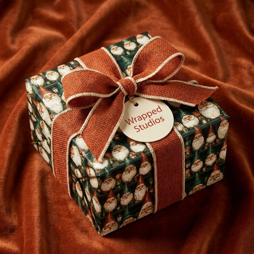 Vintage Santa Claus Christmas gift wrap by Wrapped Studios, tied with a rustic rust ribbon on orange velvet.