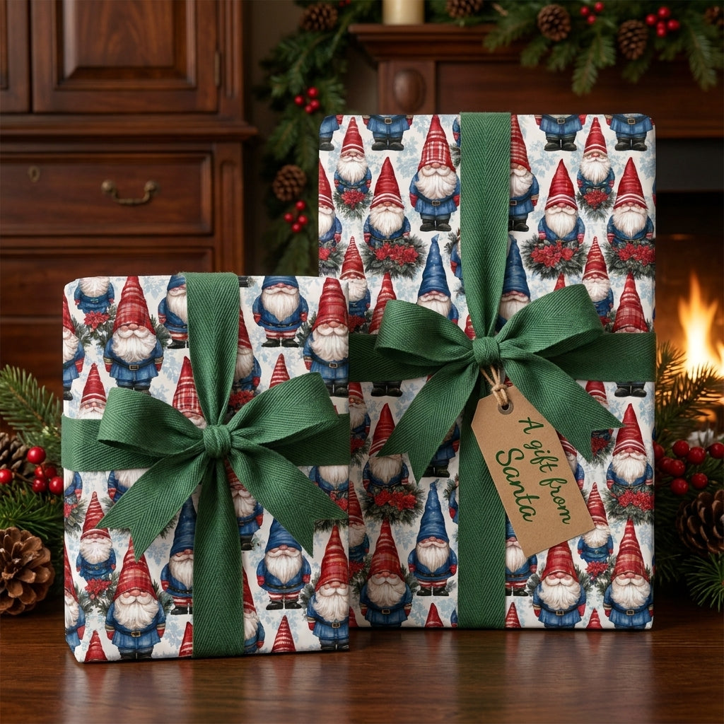 Gnome Christmas wrapping paper with green ribbons and gift tag, holiday gift wrap by Wrapped Studios.
