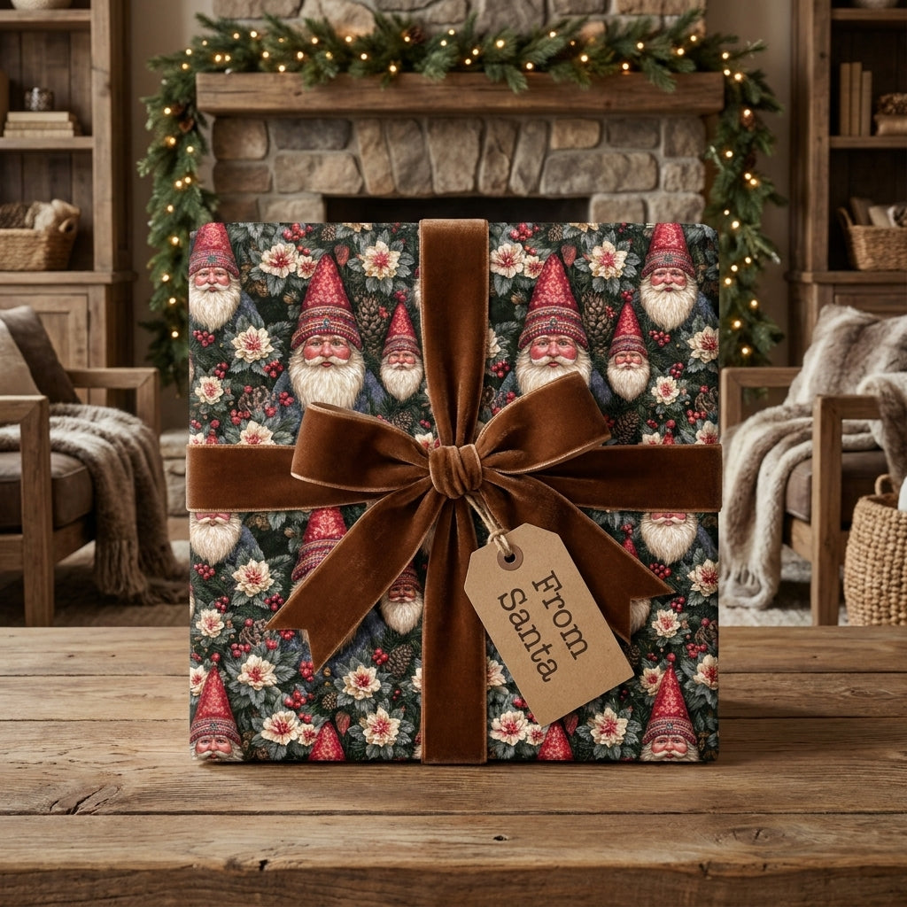 Vintage Santa Christmas wrapping paper with a brown velvet bow and From Santa tag, by Wrapped Studios.