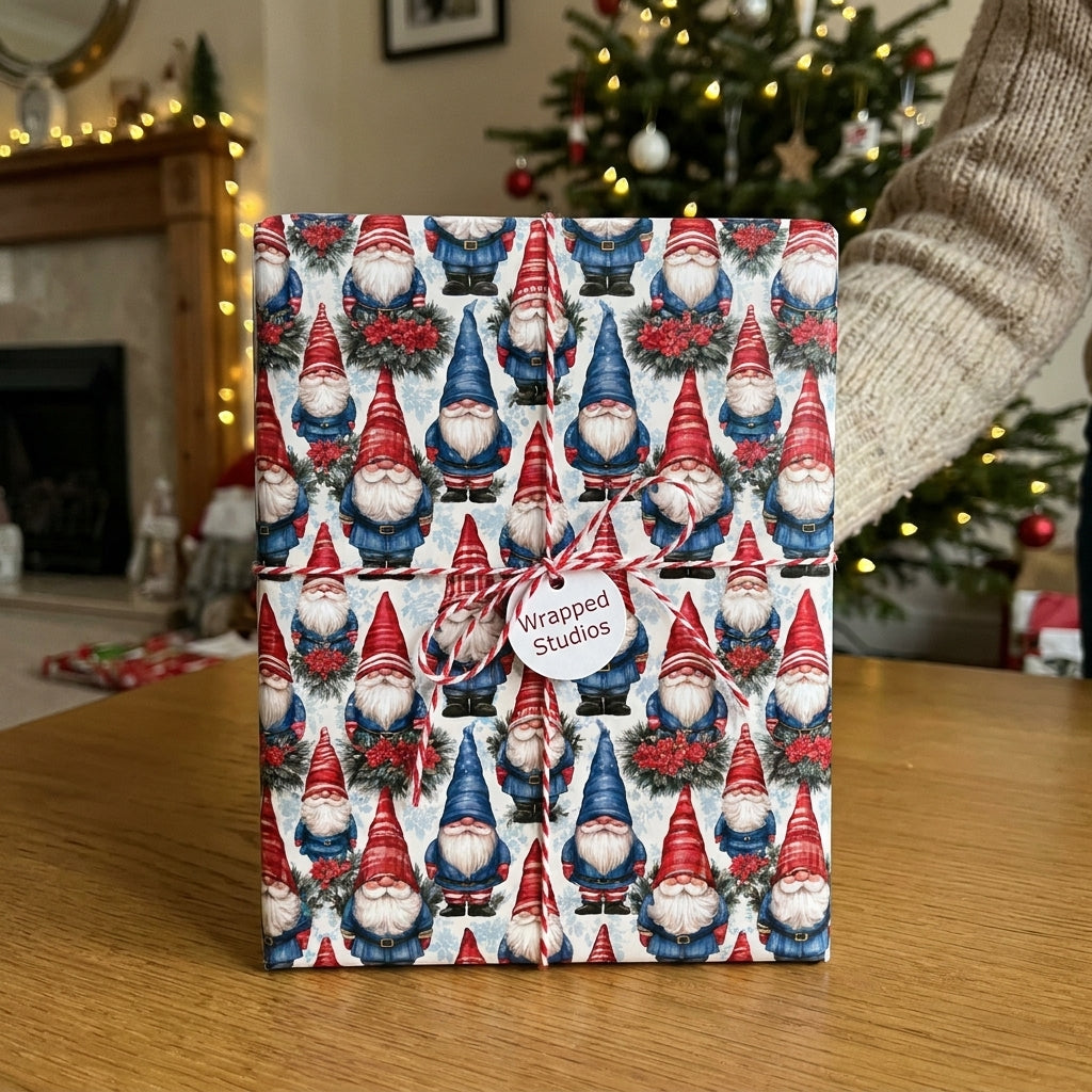 Gnome Christmas wrapping paper on a gift box with baker's twine by Wrapped Studios.