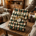 Vintage gnome Christmas wrapping paper on a rustic holiday gift, by Wrapped Studios.