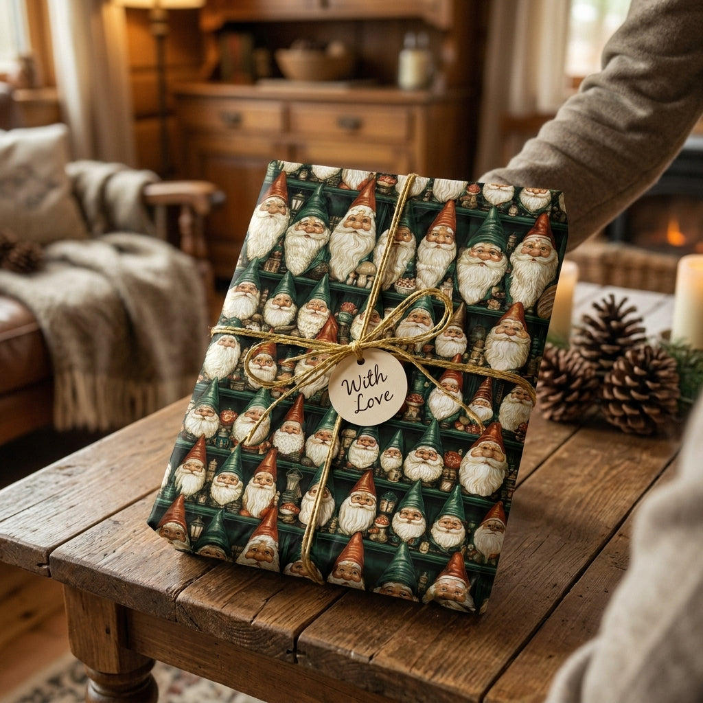 Vintage gnome Christmas wrapping paper on a rustic holiday gift, by Wrapped Studios.